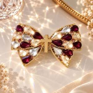 Coquette Rhinestone Crystal Bow Hair Clip Gold Cross Statement Barrette